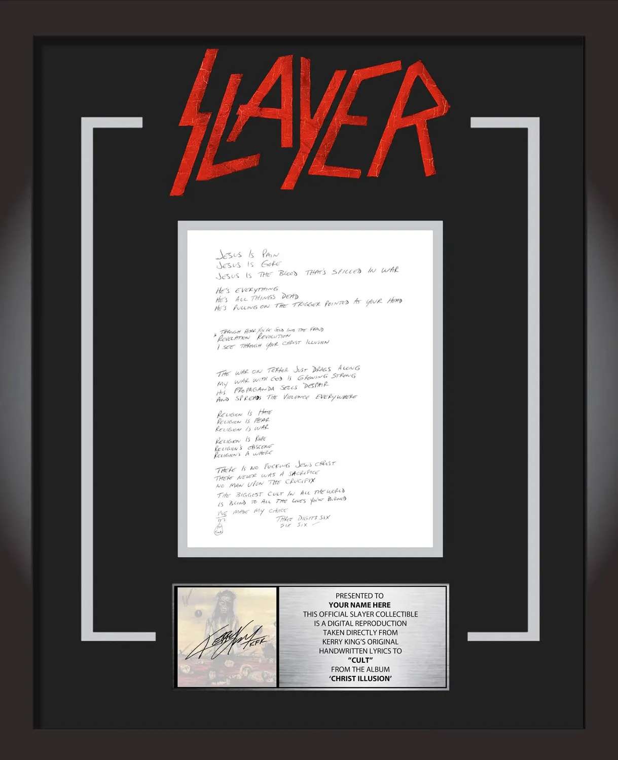 Slayer Cult plaketa s textem ručně psaná